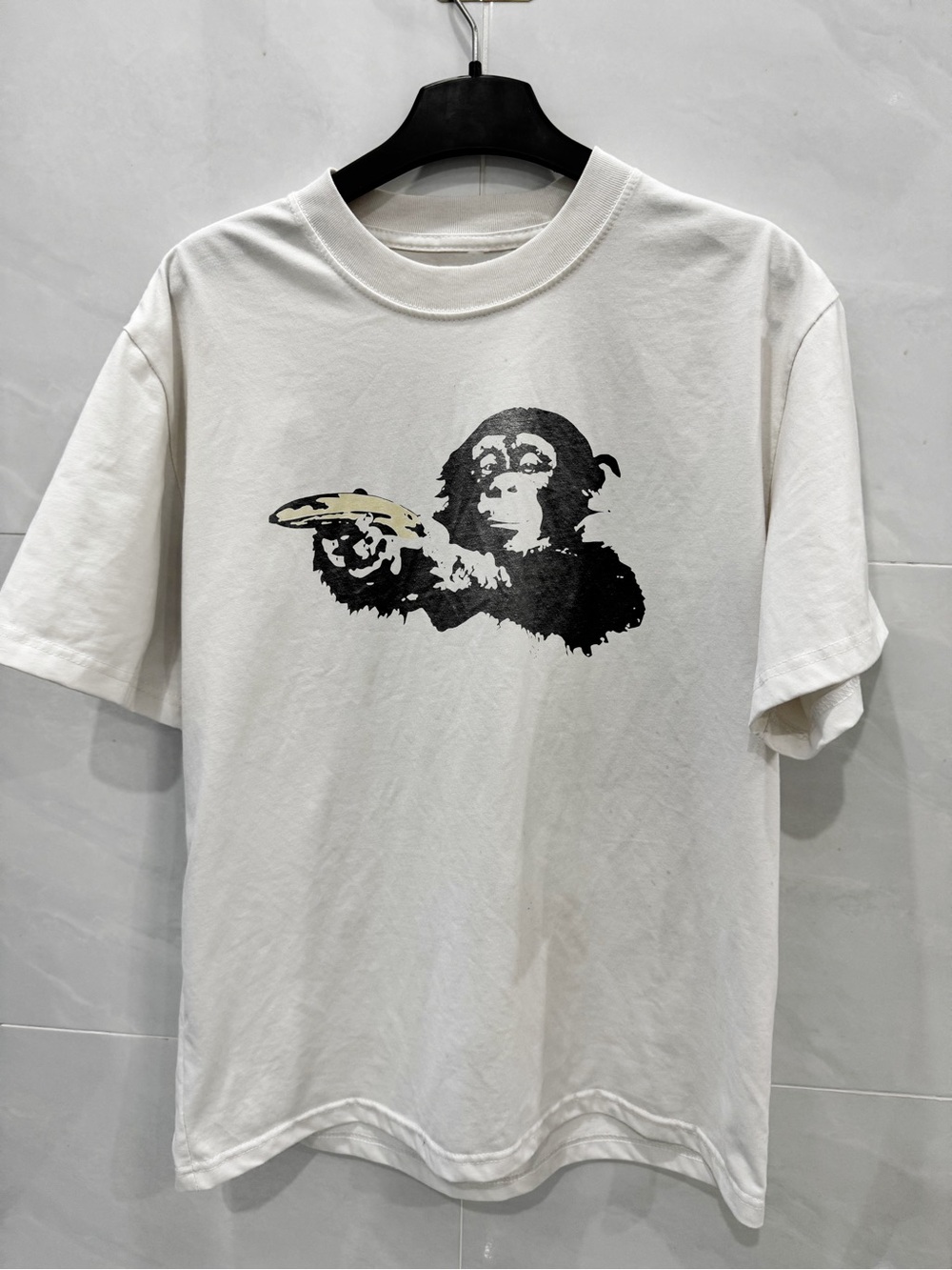Gildan White Short Sleeve Tee with Black Monkey Graphic and Beige Banana